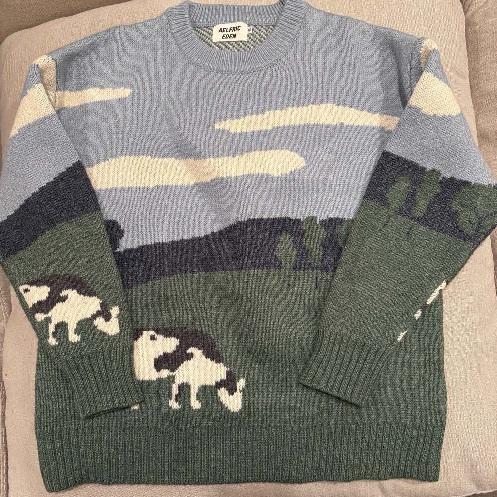 Aelfric Eden Cow Pasture Landscape Knitted Sweater, Size M